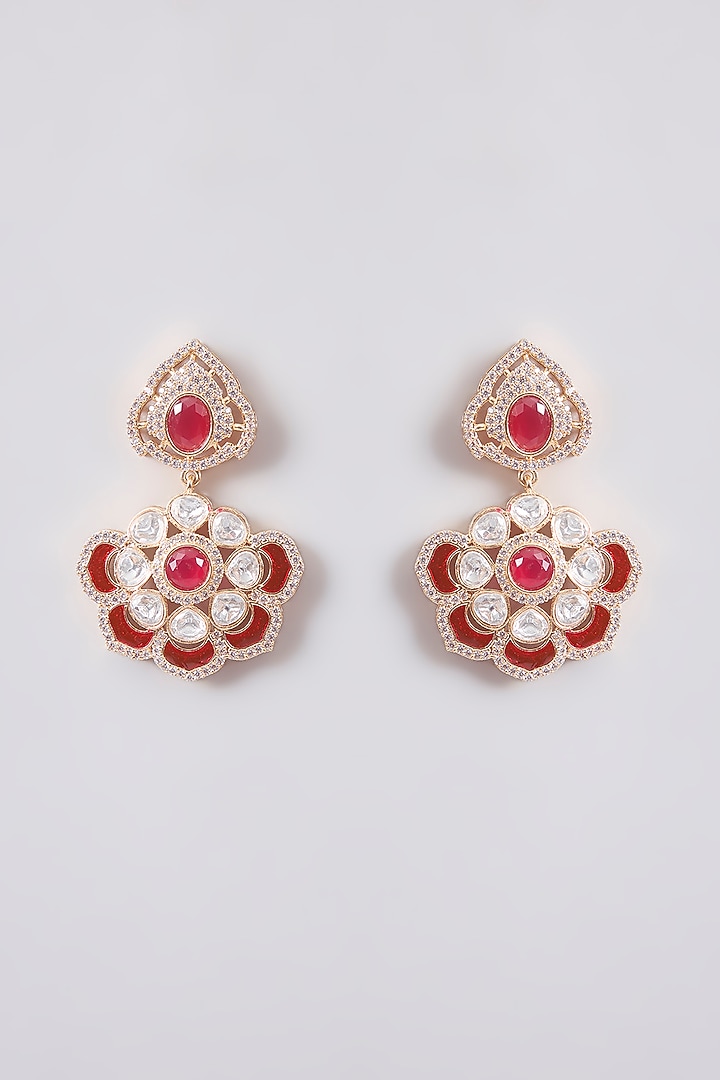 Gold Finish Kundan Polki & Red Stone Dangler Earrings by Tussya at Pernia's Pop Up Shop