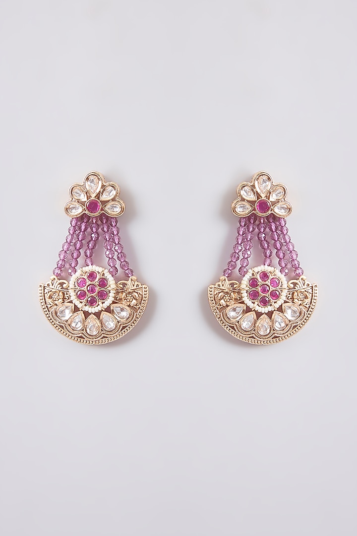 Gold Finish Kundan Polki & Purple Stone Dangler Earrings by Tussya at Pernia's Pop Up Shop