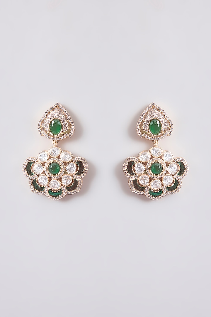 Gold Finish Kundan Polki & Green Stone Dangler Earrings by Tussya at Pernia's Pop Up Shop