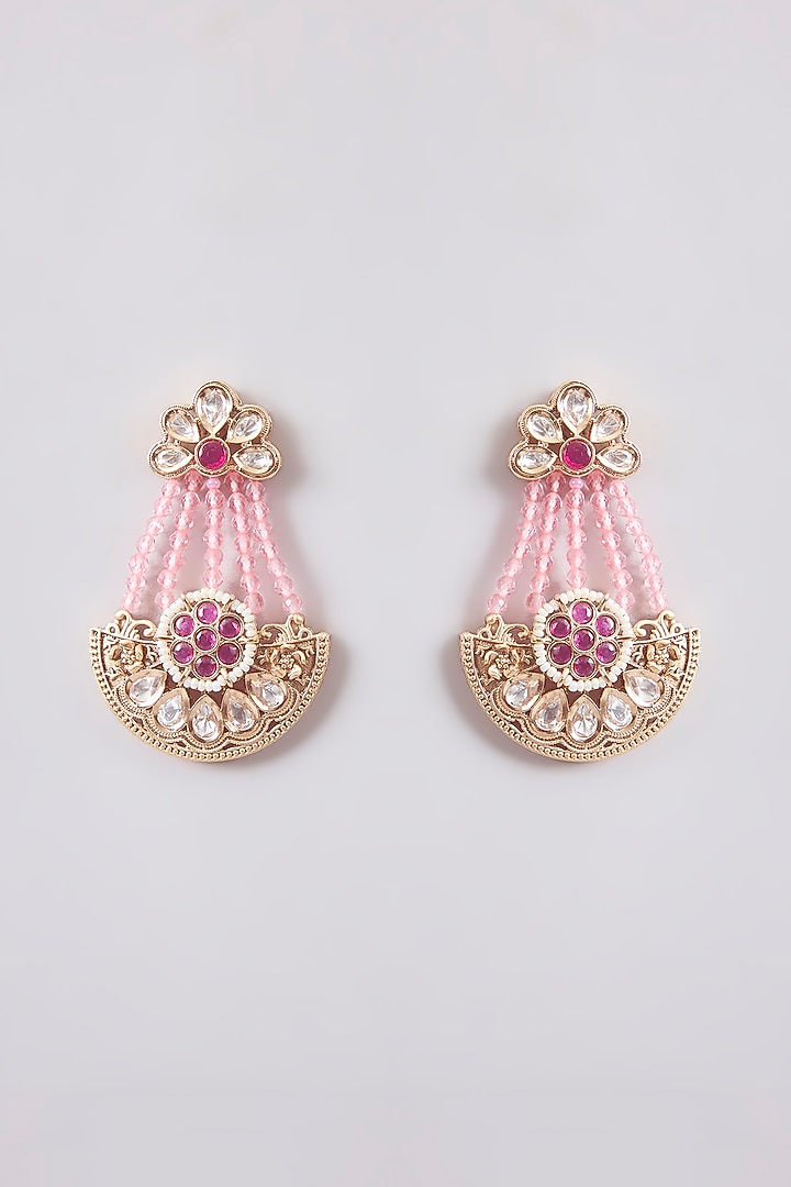 Gold Finish Pearl & Pink Stone Dangler Earrings by Tussya at Pernia's Pop Up Shop