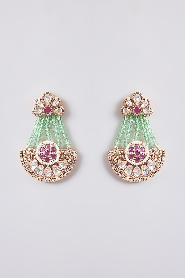 Gold Finish Pearl & Green Stone Dangler Earrings by Tussya at Pernia's Pop Up Shop