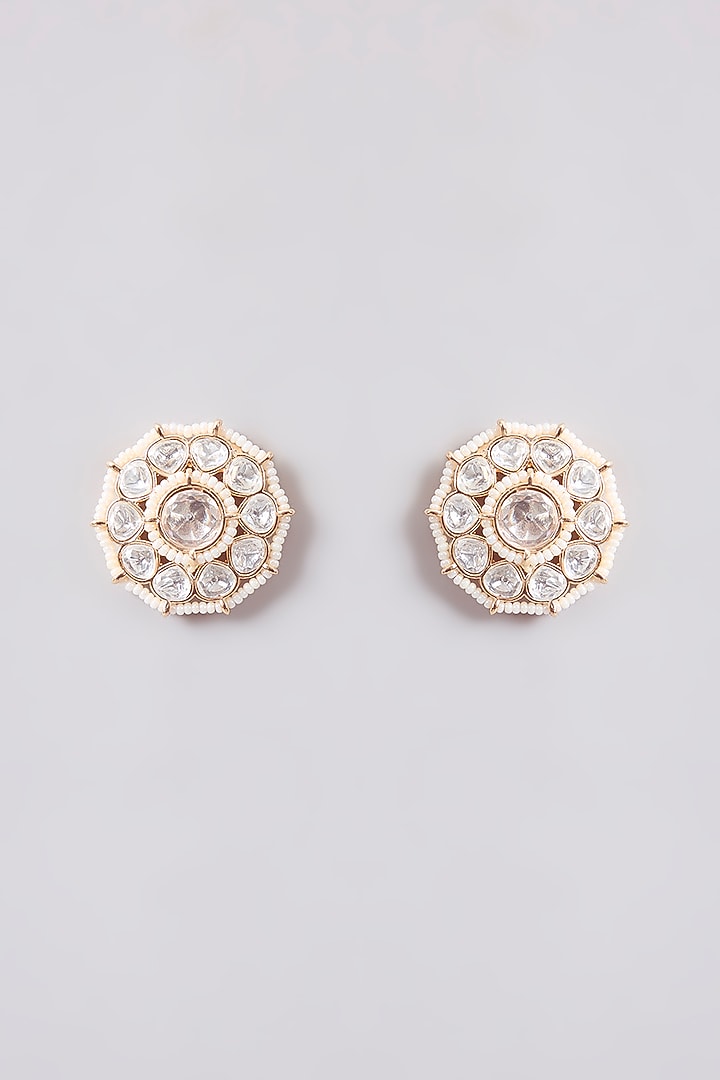 Gold Finish Kundan Polki Stud Earrings by Tussya at Pernia's Pop Up Shop