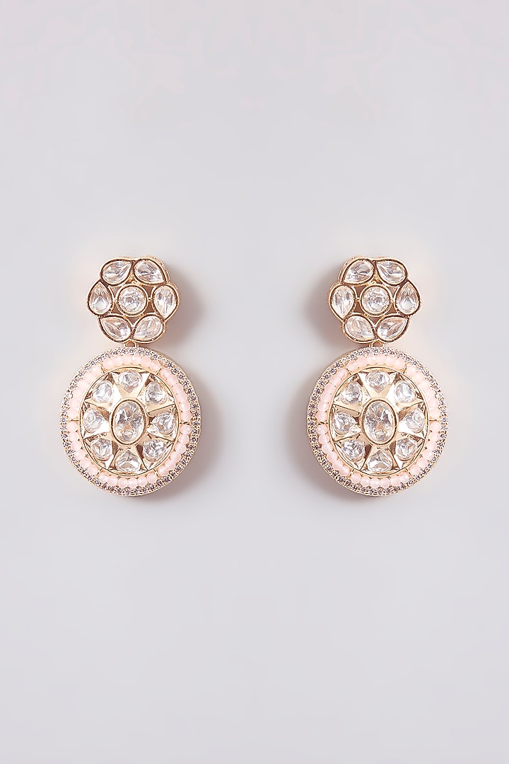 Gold Finish Peach Kundan Polki Dangler Earrings by Tussya at Pernia's Pop Up Shop