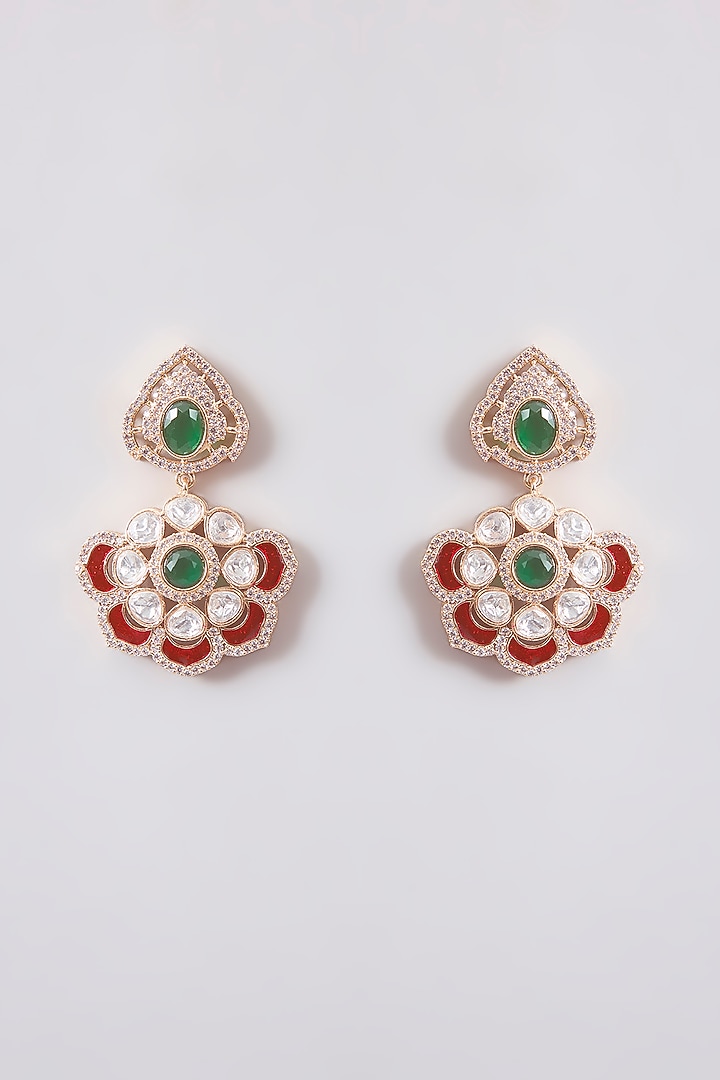 Gold Finish Green Kundan Polki Dangler Earrings by Tussya at Pernia's Pop Up Shop