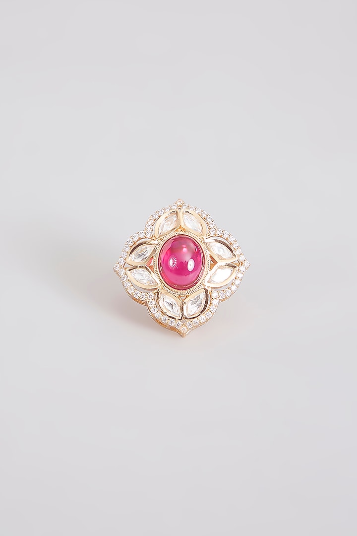 Gold Finish Pink Kundan Polki Ring by Tussya at Pernia's Pop Up Shop