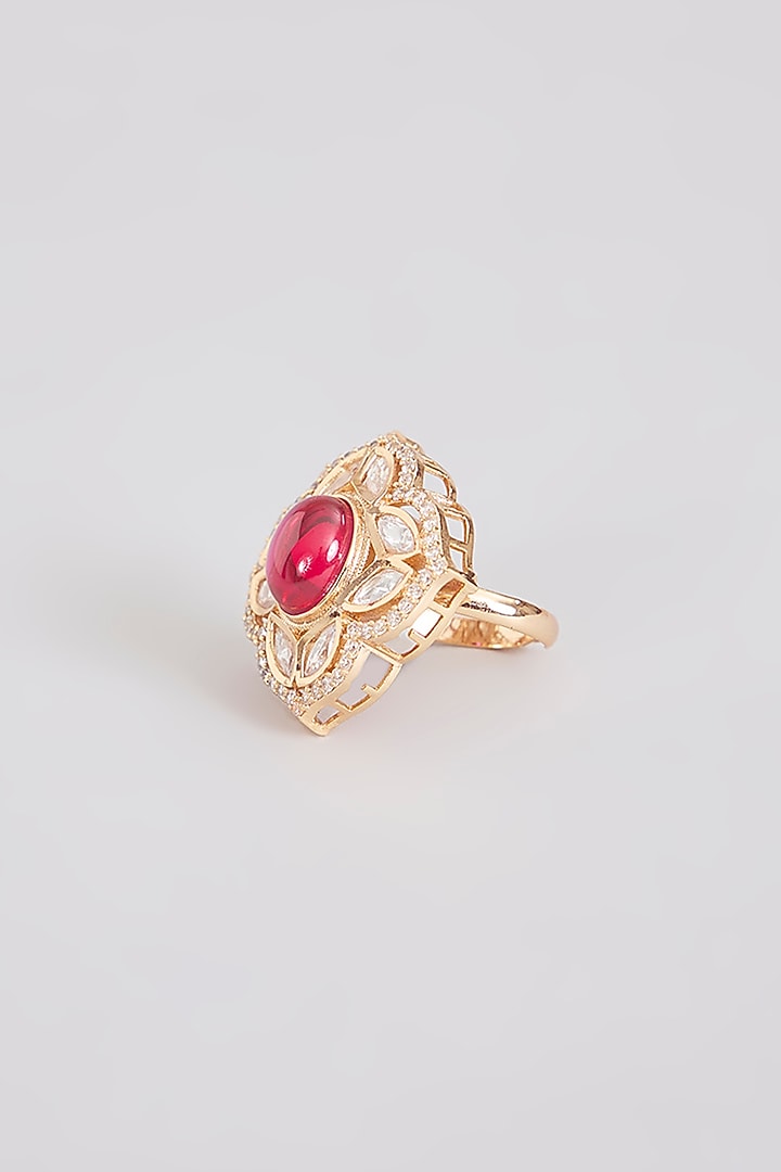 Gold Finish Pink Kundan Polki Ring by Tussya at Pernia's Pop Up Shop
