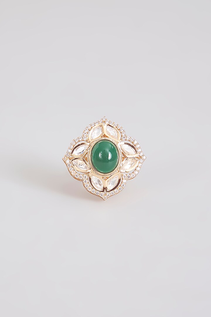 Gold Finish Green Stone & Kundan Polki Ring by Tussya at Pernia's Pop Up Shop