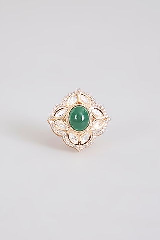Gold Finish Green Stone & Kundan Polki Ring by Tussya