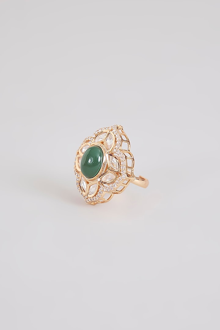 Gold Finish Green Stone & Kundan Polki Ring by Tussya at Pernia's Pop Up Shop