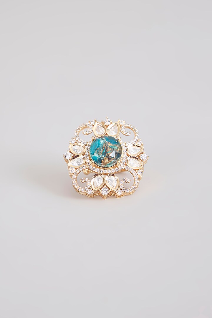 Gold Finish Turquoise Stone & Kundan Polki Ring by Tussya at Pernia's Pop Up Shop