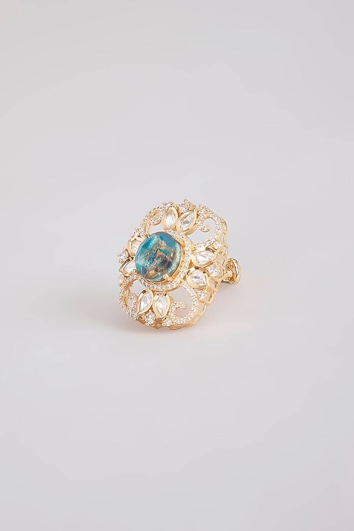 Gold Finish Turquoise Stone & Kundan Polki Ring by Tussya at Pernia's Pop Up Shop