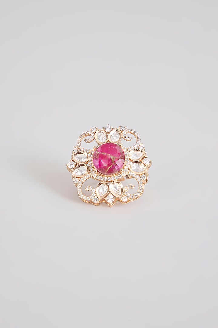 Gold Finish Pink Stone & Kundan Polki Ring by Tussya at Pernia's Pop Up Shop