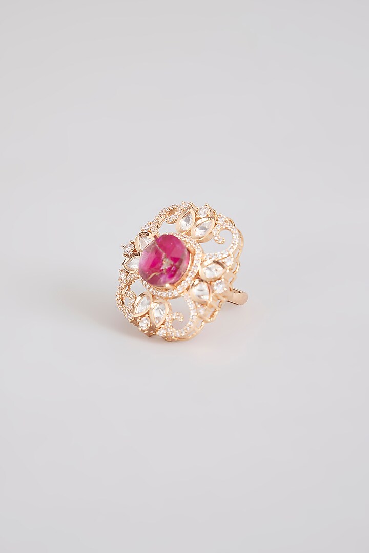 Gold Finish Pink Stone & Kundan Polki Ring by Tussya at Pernia's Pop Up Shop