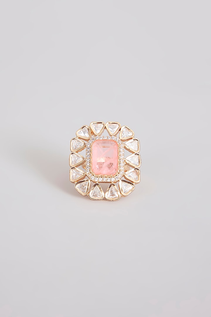 Gold Finish Pink Stone & Kundan Polki Ring by Tussya at Pernia's Pop Up Shop