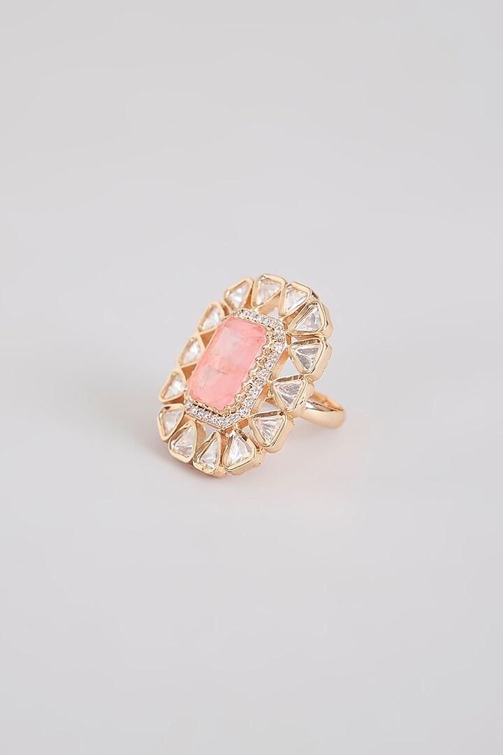 Gold Finish Pink Stone & Kundan Polki Ring by Tussya at Pernia's Pop Up Shop