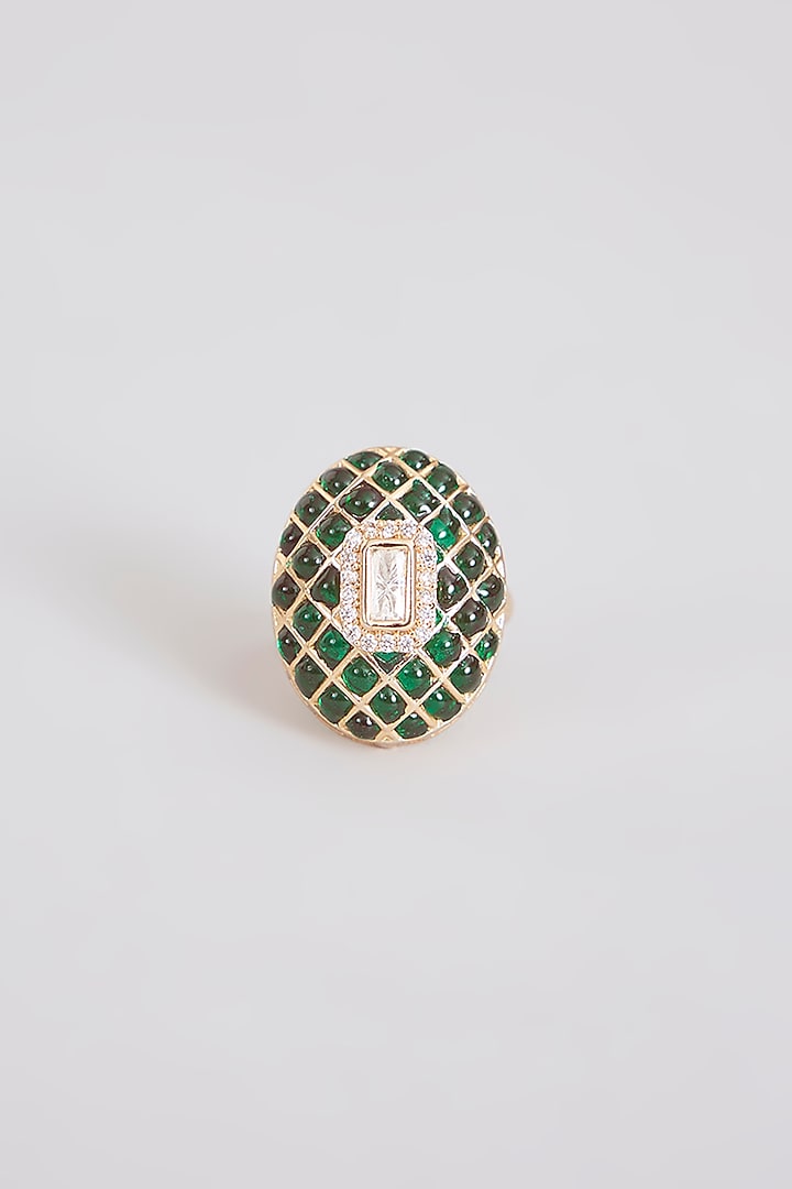 Gold Finish Green Stone & Kundan Polki Ring by Tussya at Pernia's Pop Up Shop