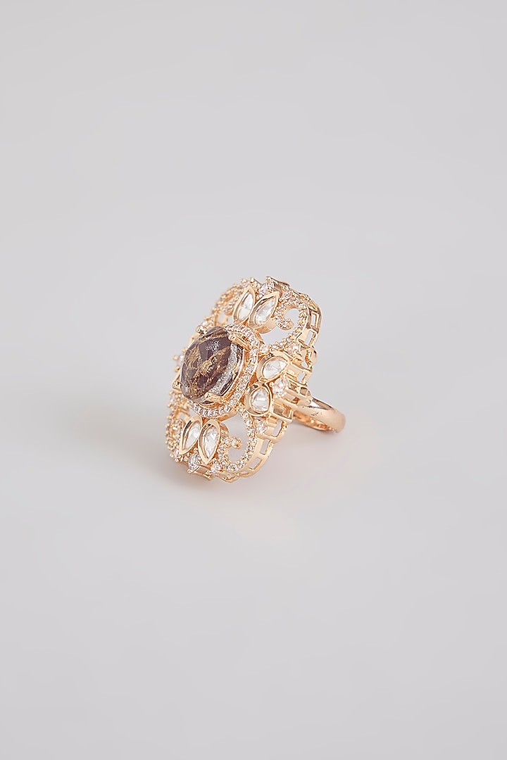 Gold Finish Black Stone & Kundan Polki Ring by Tussya at Pernia's Pop Up Shop