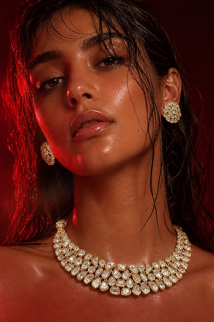 Micro Gold Finish Kundan Polki & Pearl Necklace Set by Tussya at Pernia's Pop Up Shop