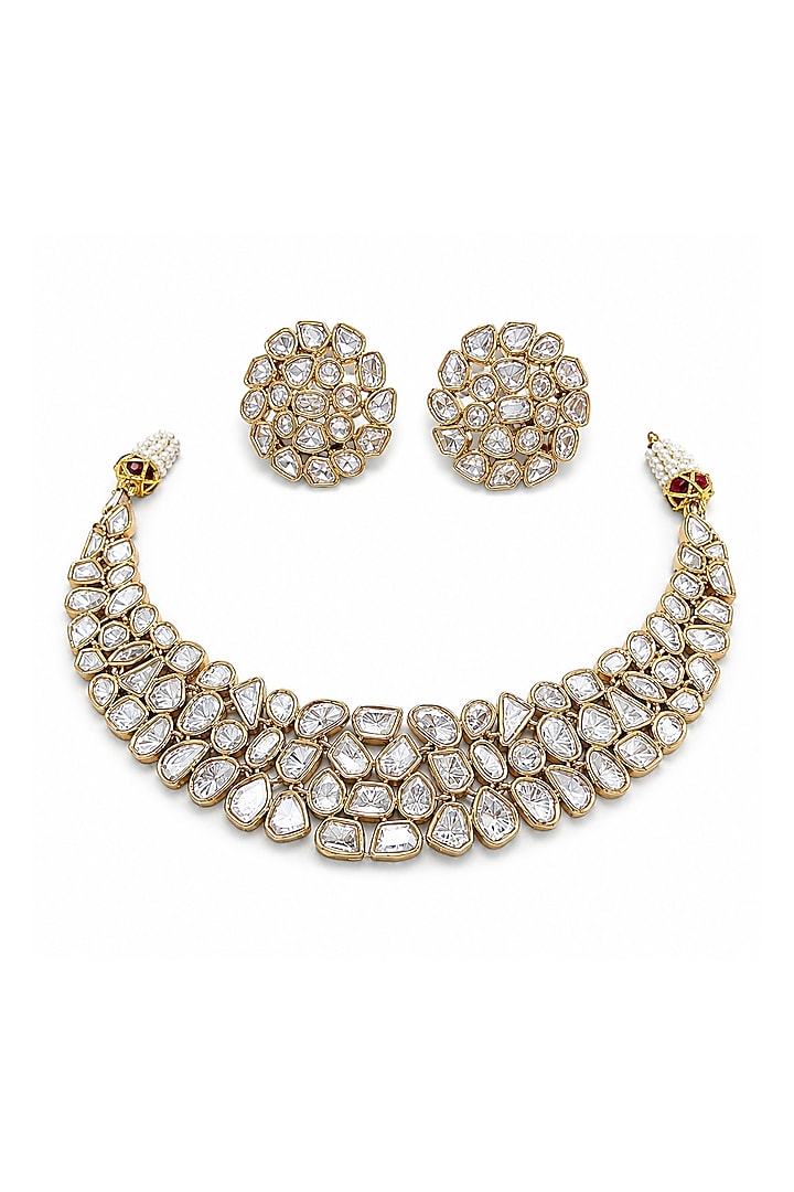 Micro Gold Finish Kundan Polki & Pearl Necklace Set by Tussya at Pernia's Pop Up Shop