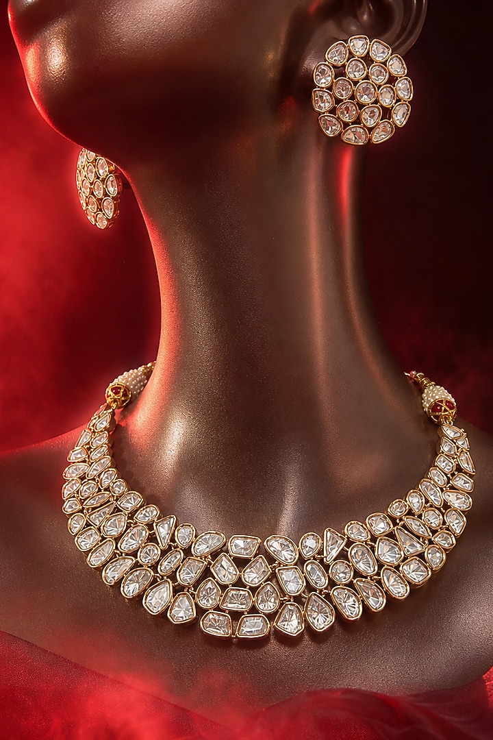 Micro Gold Finish Kundan Polki & Pearl Necklace Set by Tussya at Pernia's Pop Up Shop