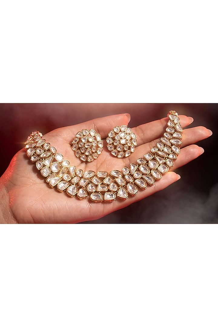Micro Gold Finish Kundan Polki & Pearl Necklace Set by Tussya at Pernia's Pop Up Shop