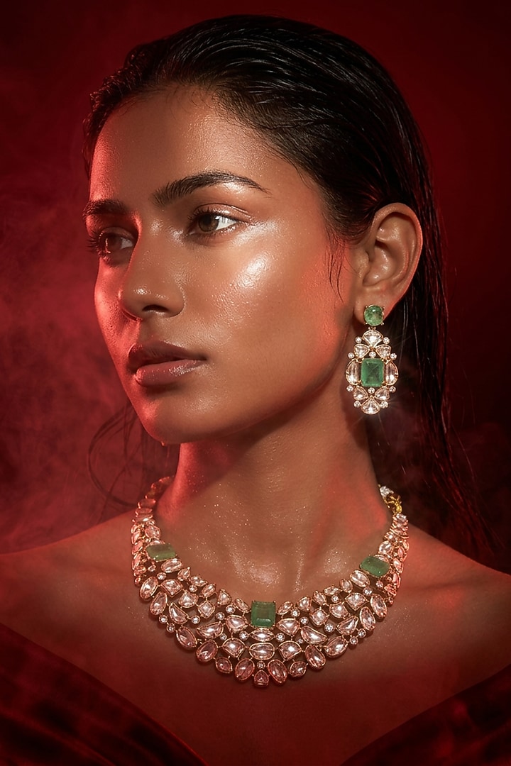 Micro Gold Finish Kundan Polki & Green Stone Necklace Set by Tussya at Pernia's Pop Up Shop