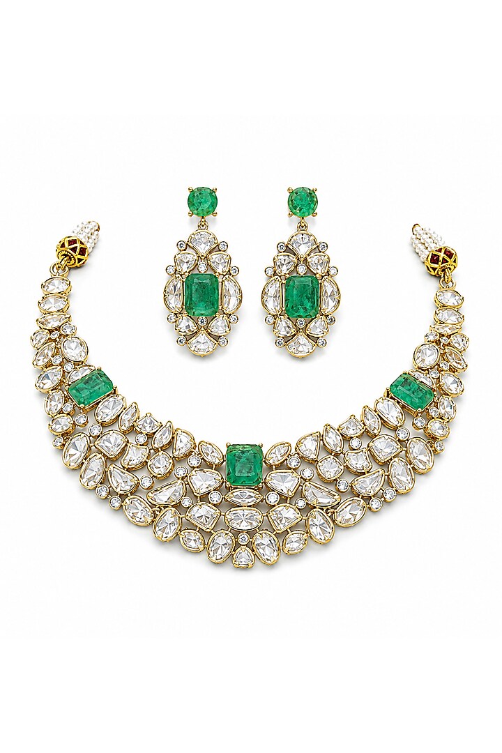 Micro Gold Finish Kundan Polki & Green Stone Necklace Set by Tussya at Pernia's Pop Up Shop