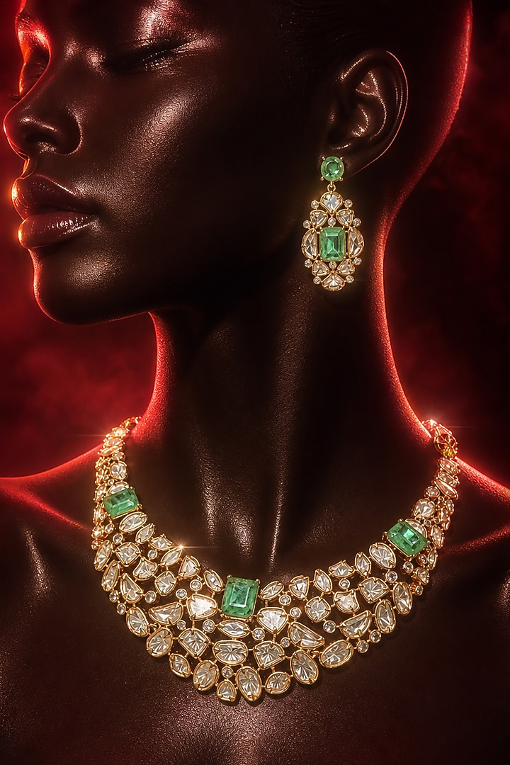 Micro Gold Finish Kundan Polki & Green Stone Necklace Set by Tussya at Pernia's Pop Up Shop