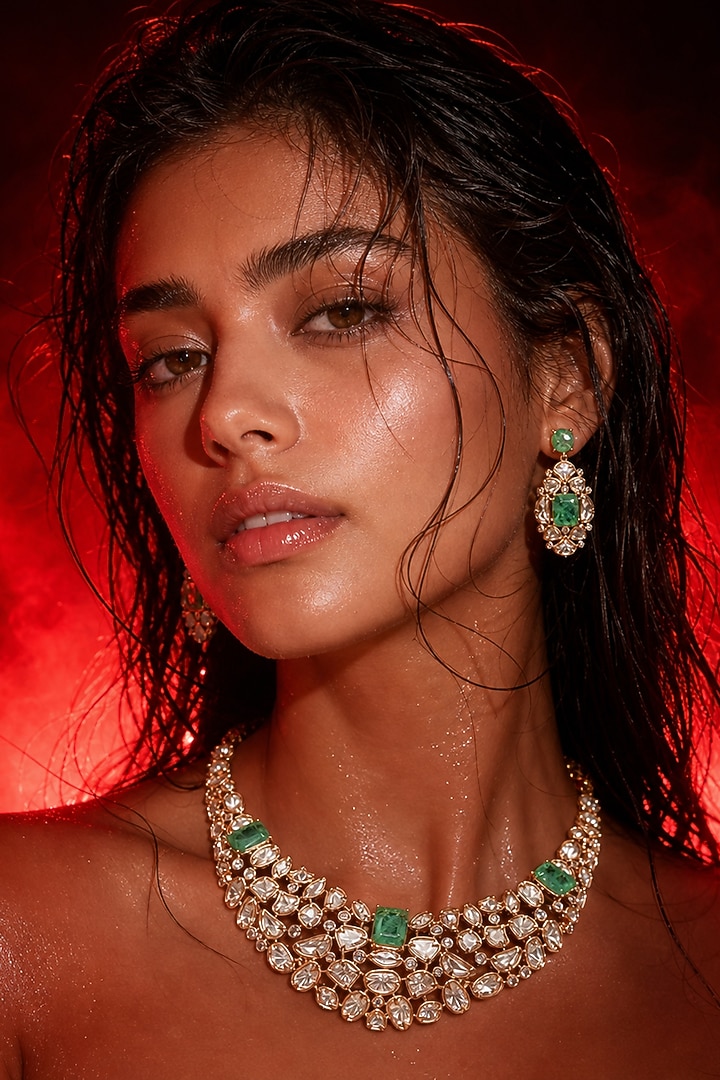 Micro Gold Finish Kundan Polki & Green Stone Necklace Set by Tussya at Pernia's Pop Up Shop