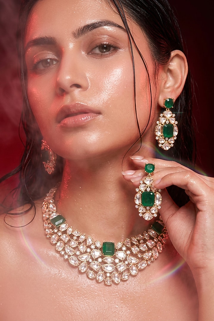 Micro Gold Finish Kundan Polki & Green Stone Necklace Set by Tussya at Pernia's Pop Up Shop