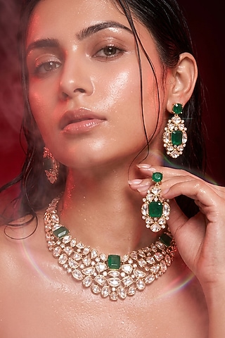Micro Gold Finish Kundan Polki & Green Stone Necklace Set by Tussya