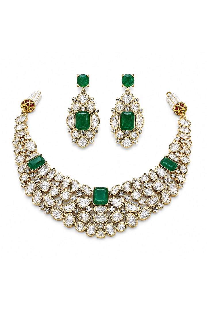 Micro Gold Finish Kundan Polki & Green Stone Necklace Set by Tussya at Pernia's Pop Up Shop