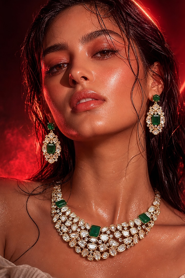 Micro Gold Finish Kundan Polki & Green Stone Necklace Set by Tussya at Pernia's Pop Up Shop