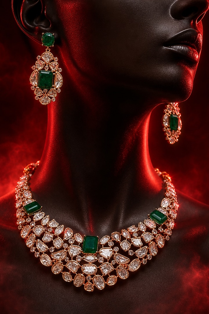 Micro Gold Finish Kundan Polki & Green Stone Necklace Set by Tussya at Pernia's Pop Up Shop