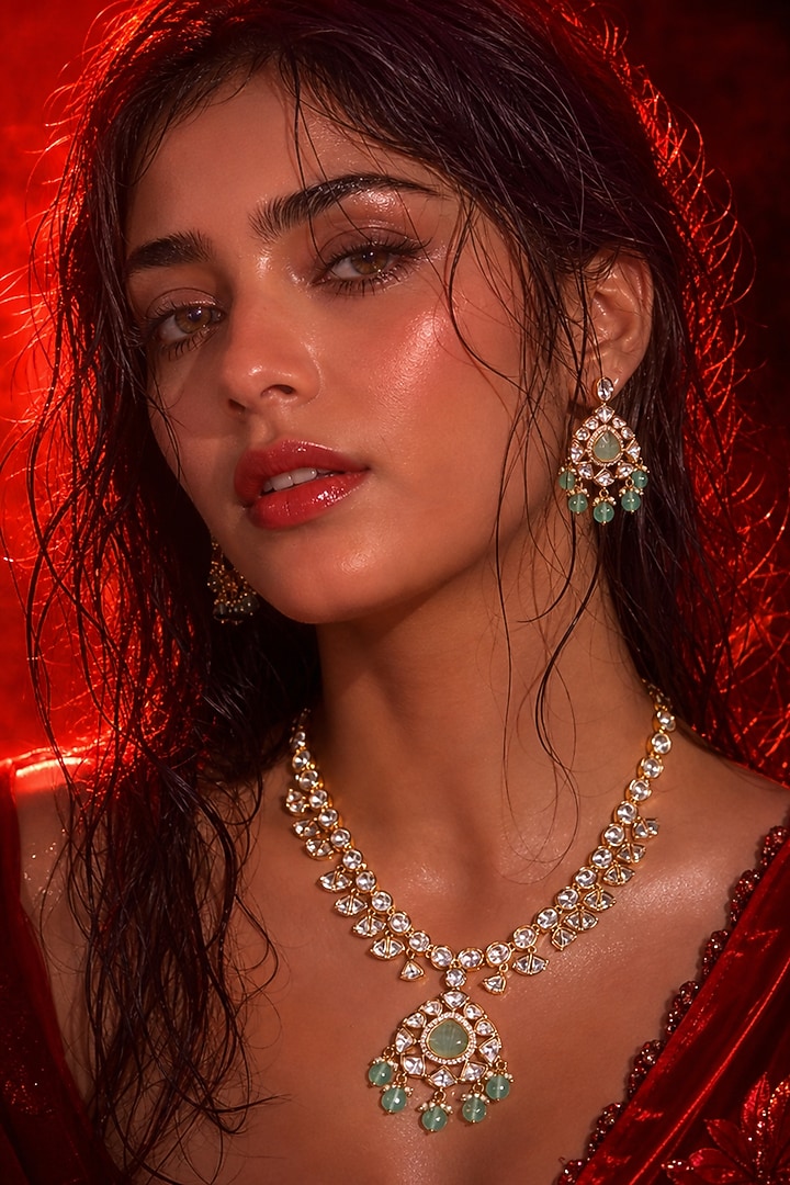 Micro Gold Finish Kundan Polki & Pearl Necklace Set by Tussya at Pernia's Pop Up Shop