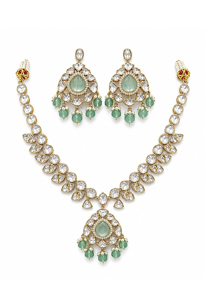 Micro Gold Finish Kundan Polki & Pearl Necklace Set by Tussya at Pernia's Pop Up Shop