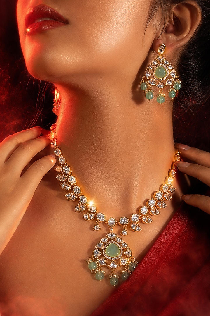 Micro Gold Finish Kundan Polki & Pearl Necklace Set by Tussya at Pernia's Pop Up Shop