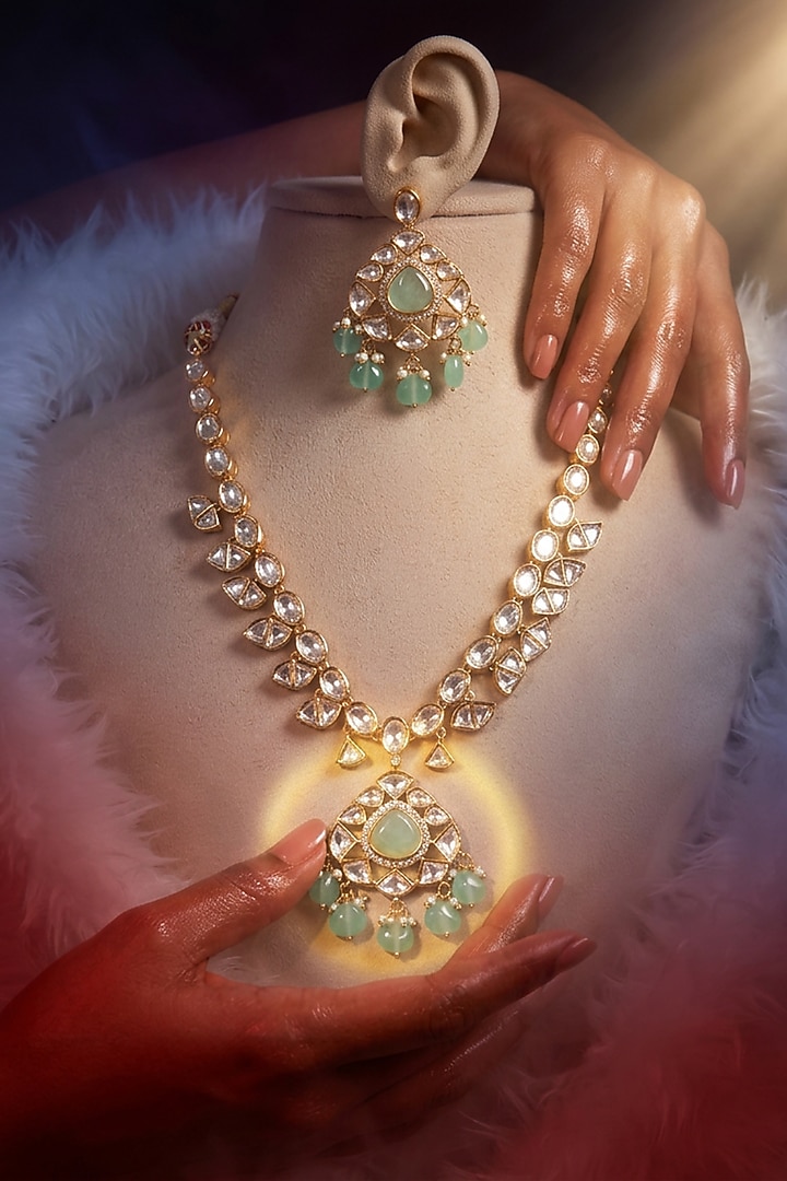 Micro Gold Finish Kundan Polki & Pearl Necklace Set by Tussya at Pernia's Pop Up Shop