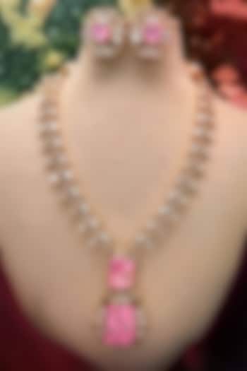 Micro Gold Finish Kundan Polki & Pink Stone Necklace Set by Tussya at Pernia's Pop Up Shop