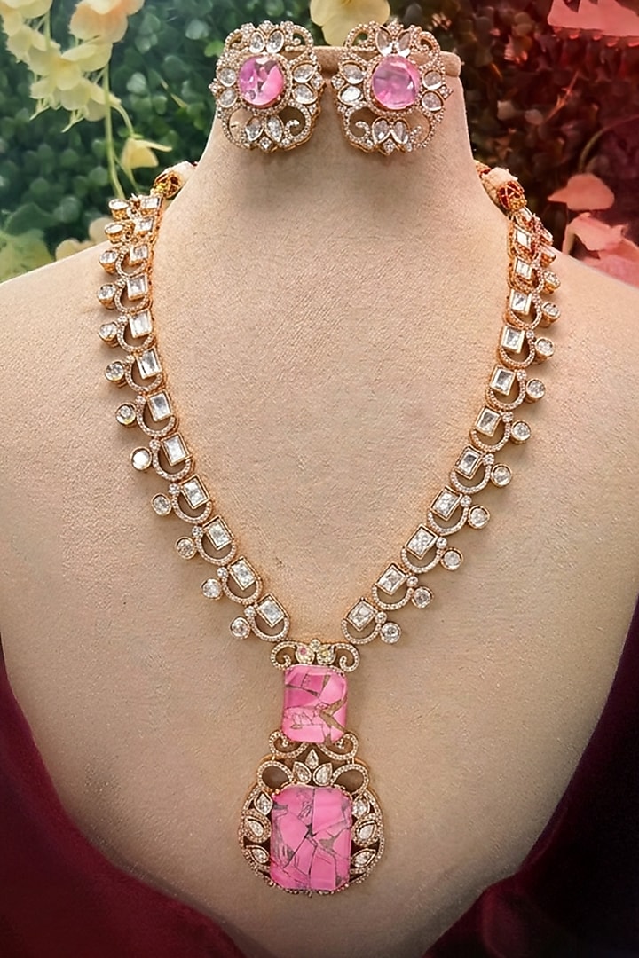 Micro Gold Finish Kundan Polki & Pink Stone Necklace Set by Tussya at Pernia's Pop Up Shop