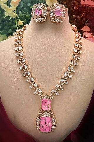 Micro Gold Finish Kundan Polki & Pink Stone Necklace Set by Tussya