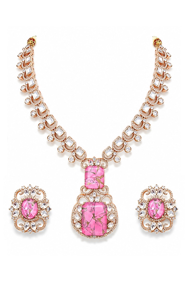 Micro Gold Finish Kundan Polki & Pink Stone Necklace Set by Tussya at Pernia's Pop Up Shop