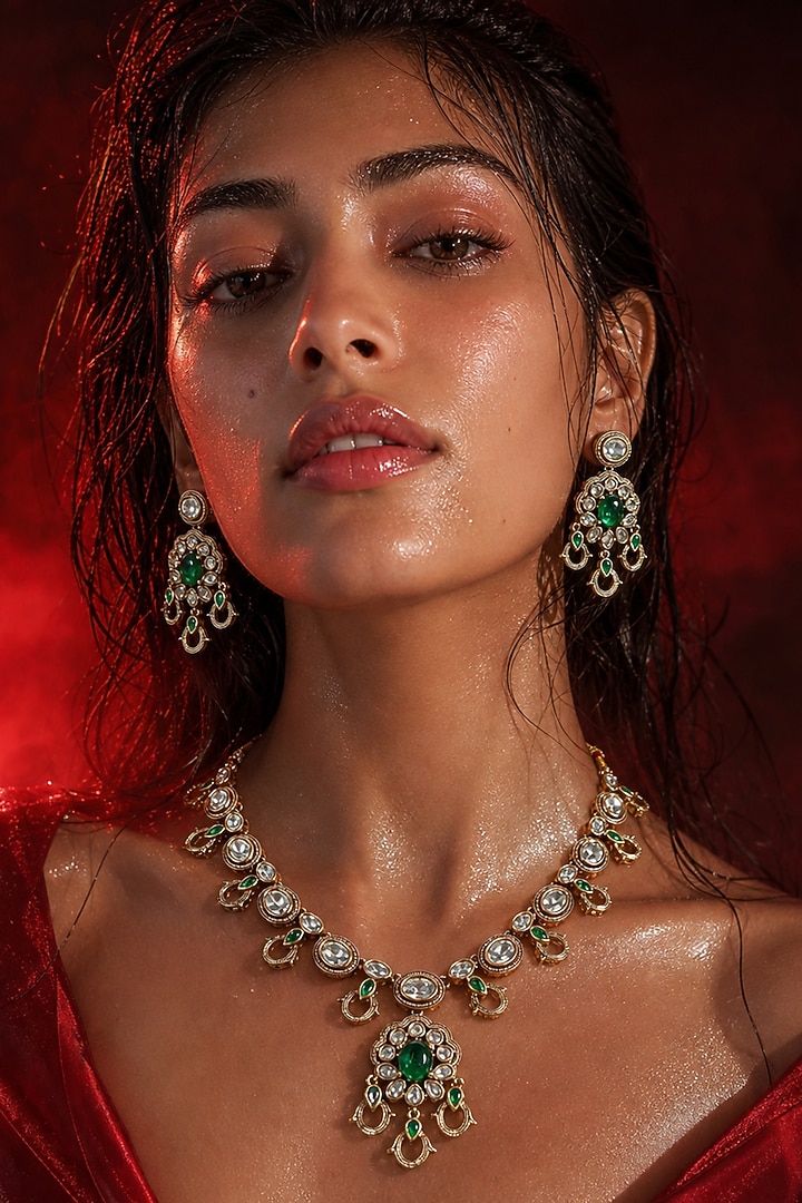 Micro Gold Finish Kundan Polki & Green Stone Necklace Set by Tussya at Pernia's Pop Up Shop