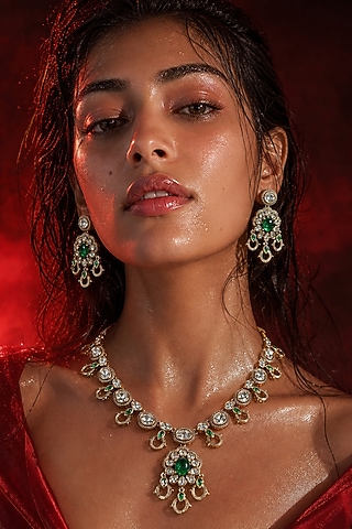 Micro Gold Finish Kundan Polki & Green Stone Necklace Set by Tussya