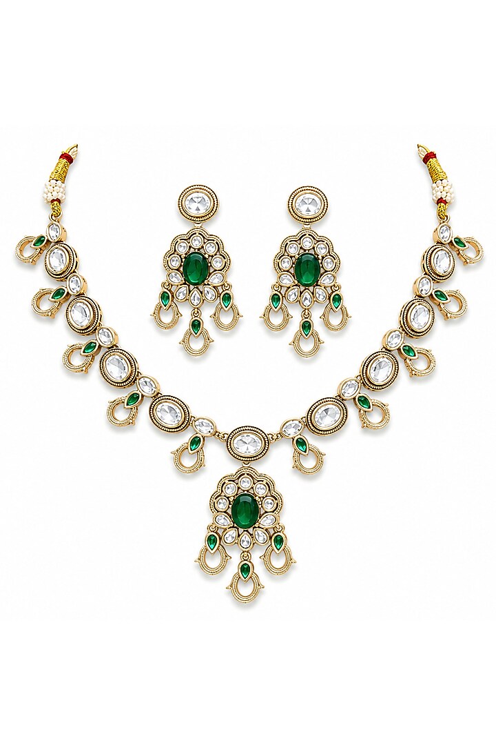 Micro Gold Finish Kundan Polki & Green Stone Necklace Set by Tussya at Pernia's Pop Up Shop