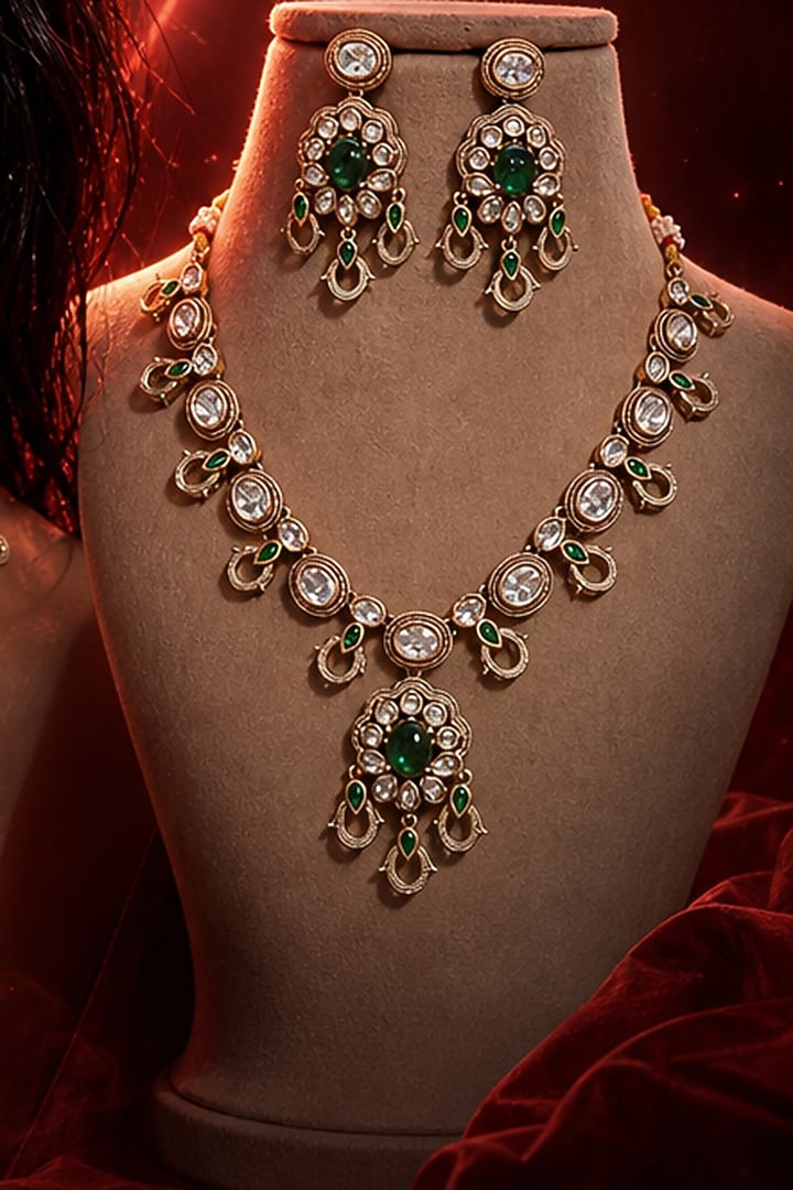 Micro Gold Finish Kundan Polki & Green Stone Necklace Set by Tussya at Pernia's Pop Up Shop