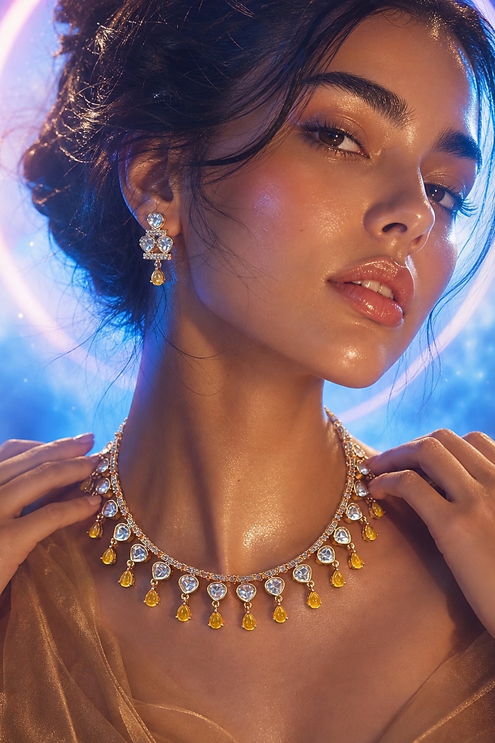 Micro Gold Finish Kundan Polki & Pearl Necklace Set by Tussya at Pernia's Pop Up Shop