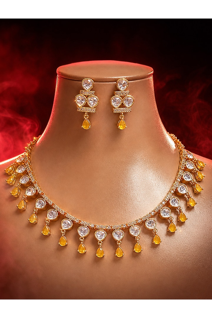 Micro Gold Finish Kundan Polki & Pearl Necklace Set by Tussya at Pernia's Pop Up Shop