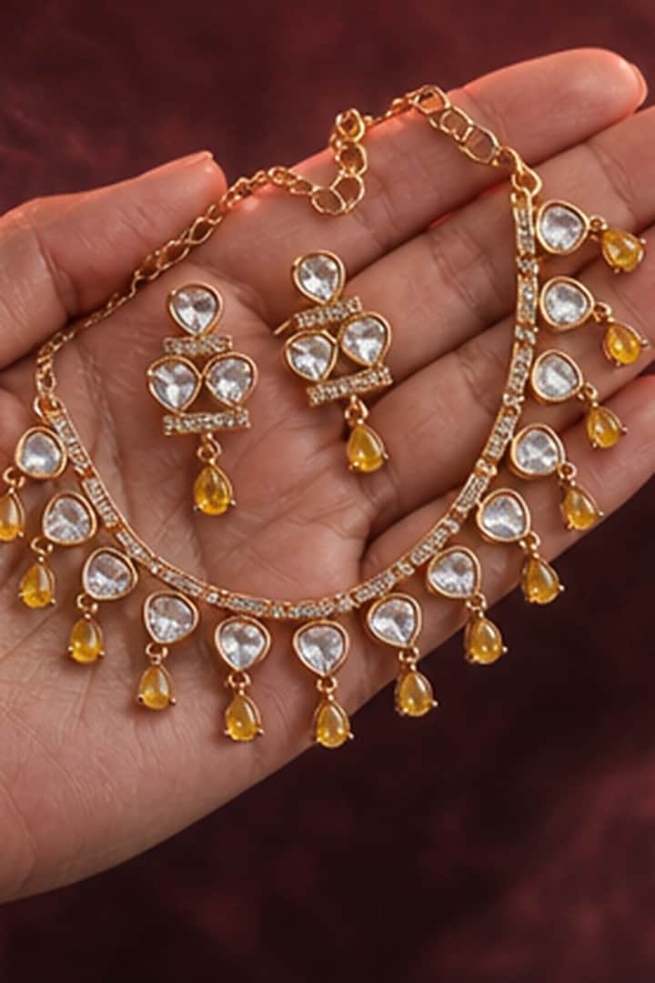 Micro Gold Finish Kundan Polki & Pearl Necklace Set by Tussya at Pernia's Pop Up Shop