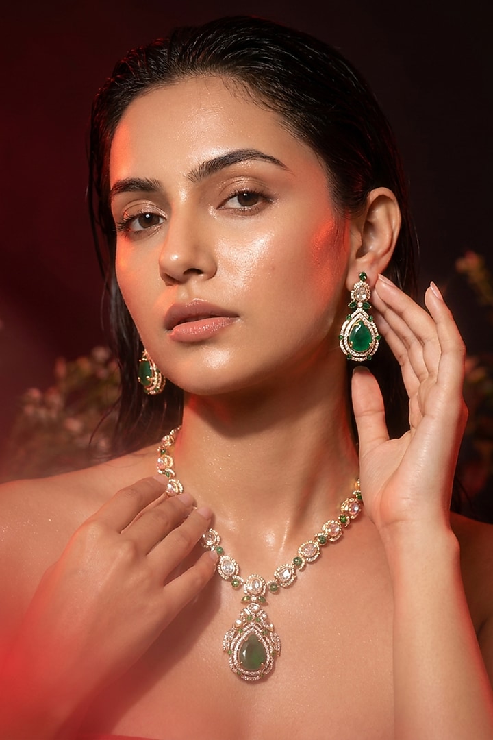 Micro Gold Finish Kundan Polki & Green Stone Necklace Set by Tussya at Pernia's Pop Up Shop